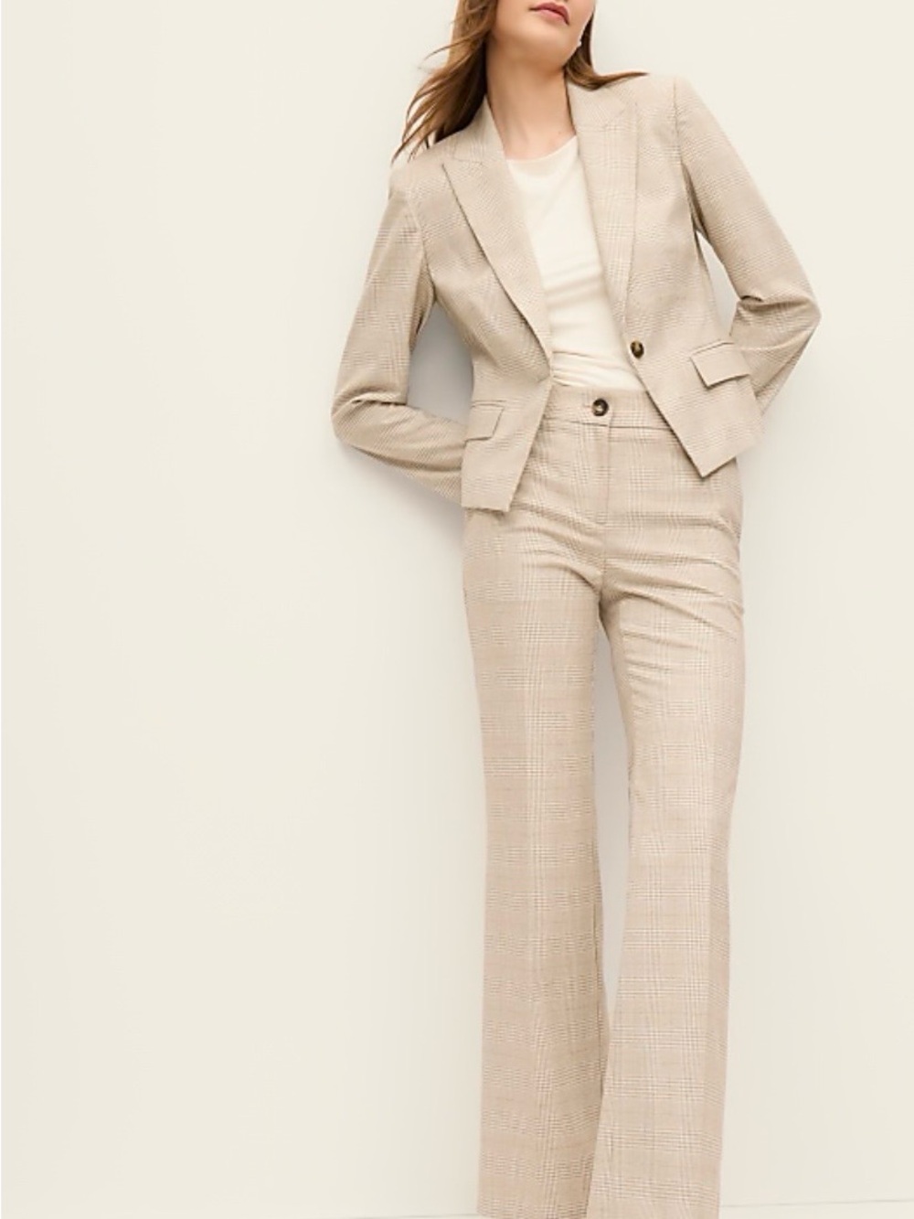 Ann Taylor Beige Plaid Tailored High-Waist Wide-Leg Pants